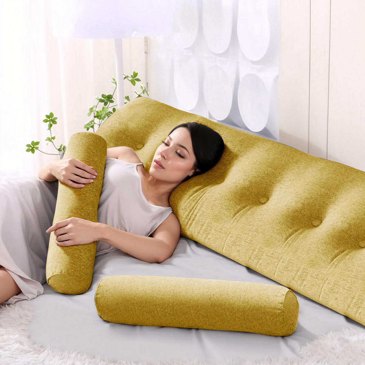 KEILKISSEN mit einem runden Kissen 3er-Set Leinen gelb 200cm - Gelb, Textil (20/200cm) - Vercart