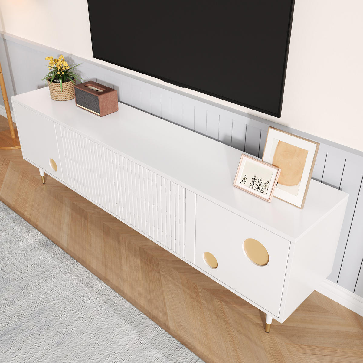 TV-SCHRANK Lowboard 2 Türen Holz Golddekor - Weiß, Holz (170/54/36cm) - LEBENLANG