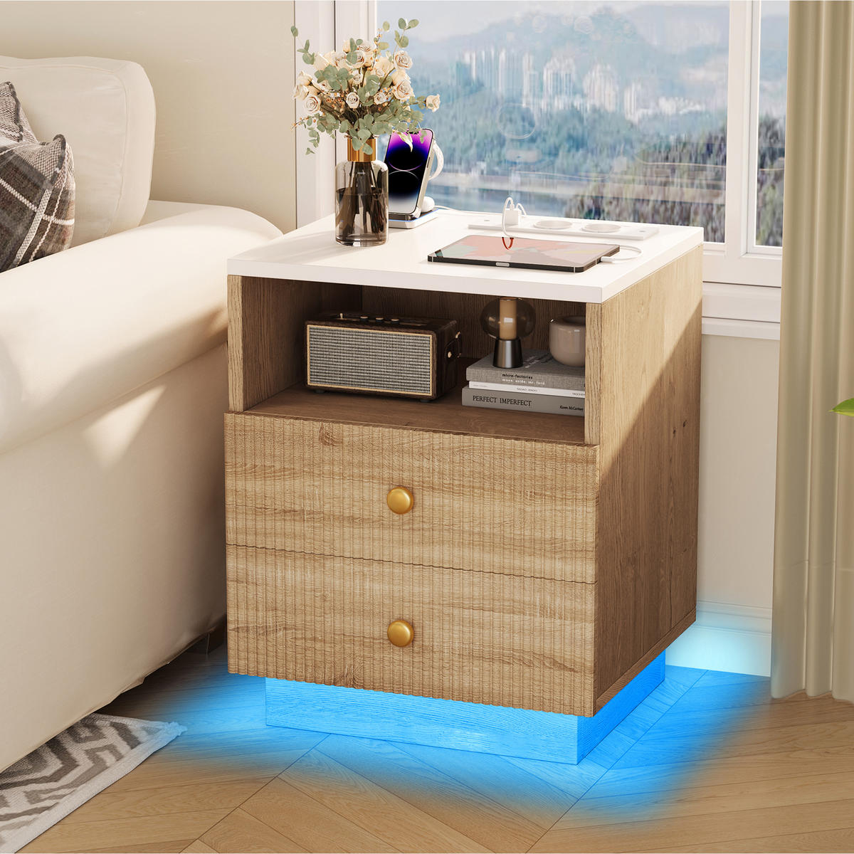 NACHTTISCH 2er Set a Holz mit LED,Ladestation,Naturfarben - Naturfarben, Holz (44/57/38cm) - PARAFTA HOME