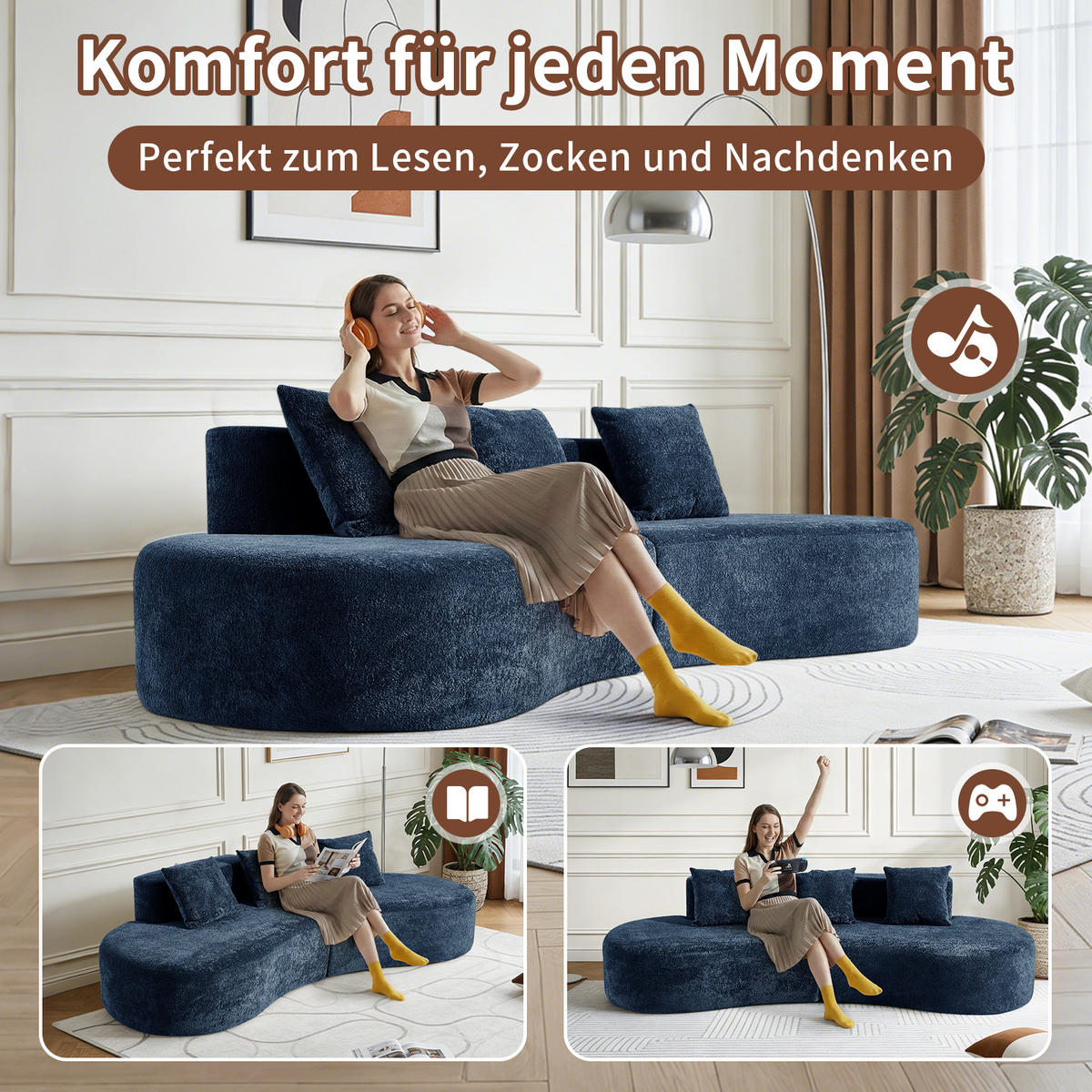 ECKSOFA Samtbezug inklusive Zierkissen 277/103/68 cm Blau - Blau, Textil (103/277cm) - Redom