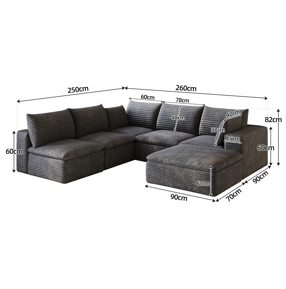 WOHNLANDSCHAFT aus Stoff 260x250 cm Dunkelgrau mit flexiblem Aufbau und weicher Schaumstoffpolsterung - Dunkelgrau, Textil (260/60/250cm) - Modfu
