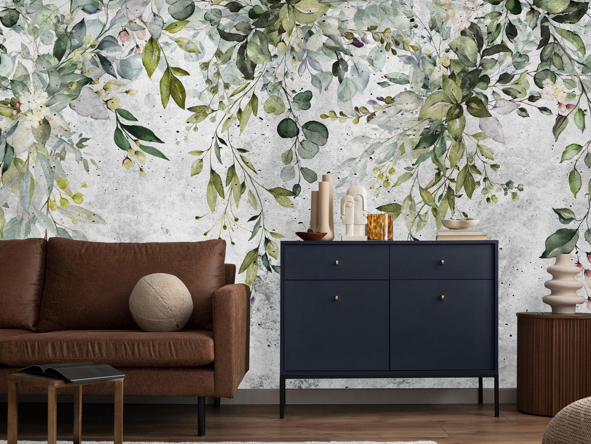 FOTOTAPETE Blätter auf Beton Abstraktion Vintage 350x256 - Grau/Grün, Papier (350/256cm) - Muralo