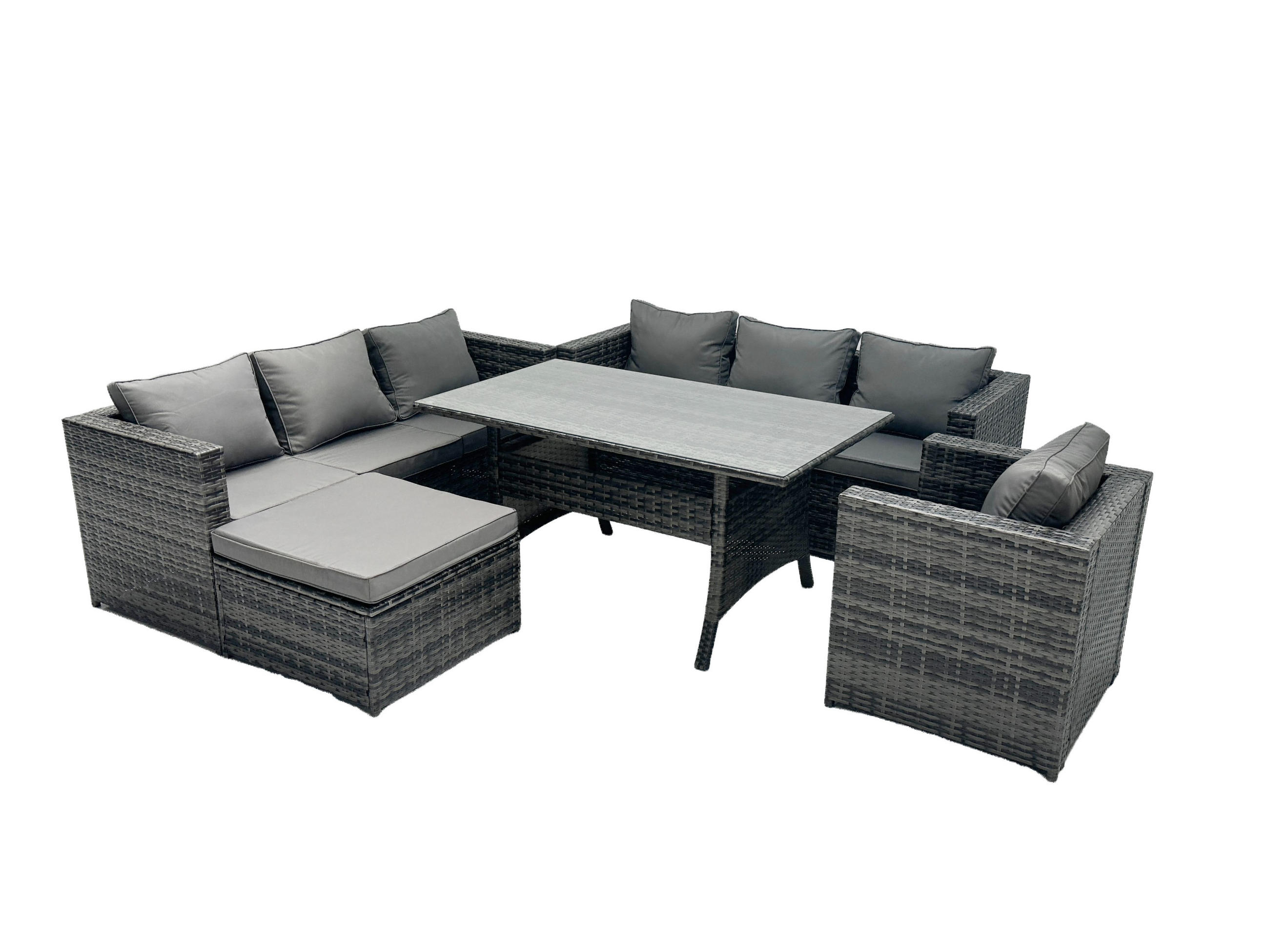LOUNGEGARNITUR mit Hocker Polyrattan Dunkelgrau 8-Sitzer - Dunkelgrau/Grau, Glas/Kunststoff - Fimous