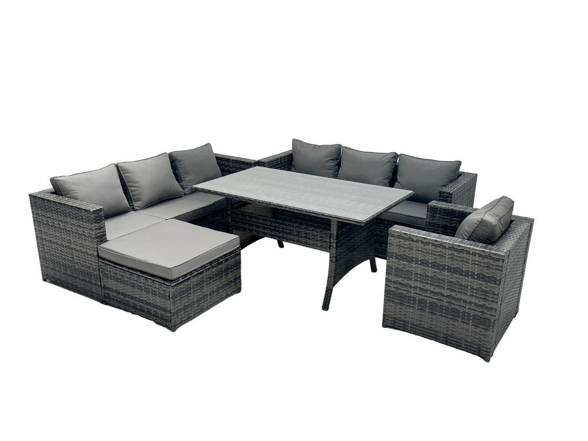 LOUNGEGARNITUR mit Hocker Polyrattan Dunkelgrau 8-Sitzer - Dunkelgrau/Grau, Glas/Kunststoff - Fimous