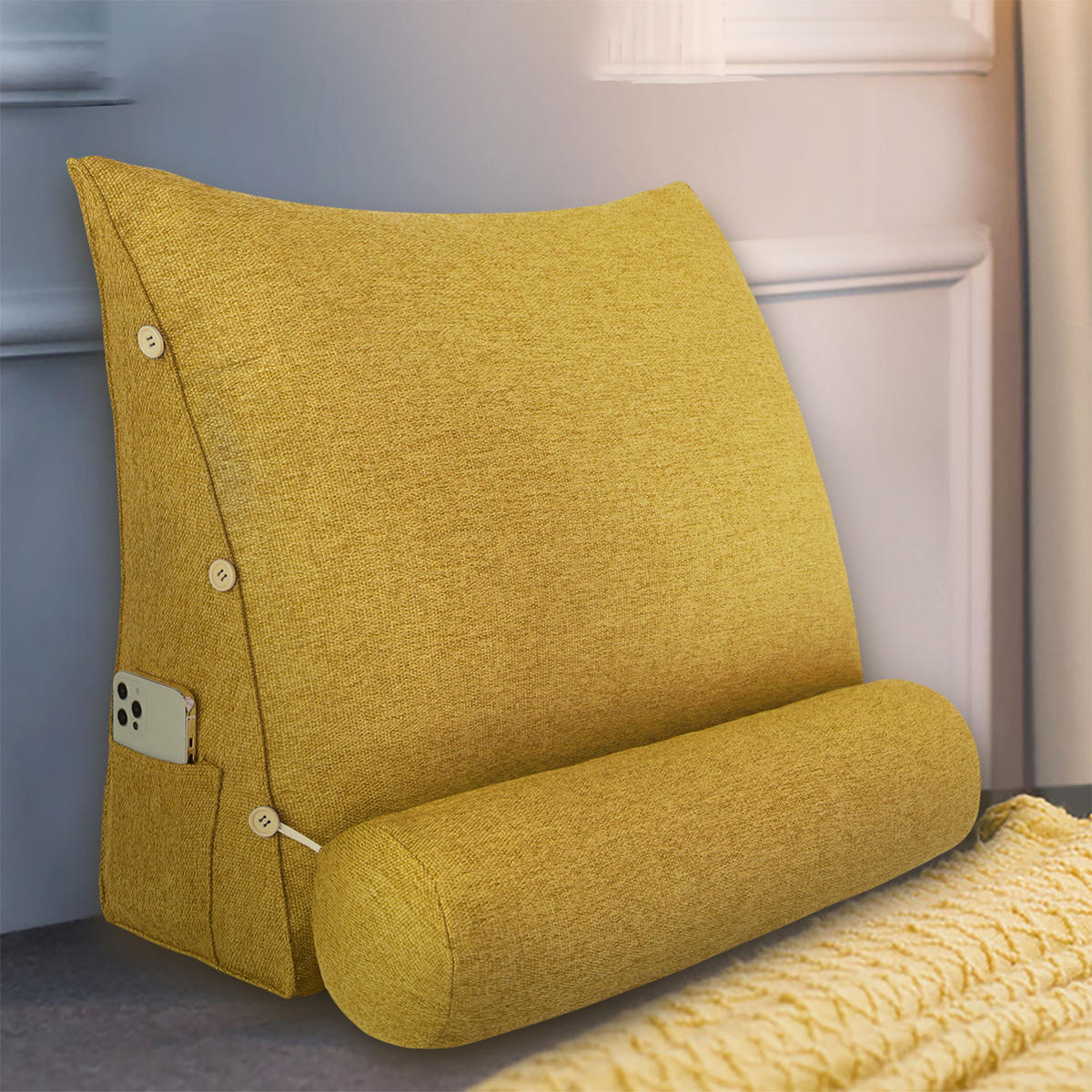 KEILKISSEN mit Nackenrolle Leinenlook Gelb 60 cm - Gelb, Textil (50/60cm) - Vercart