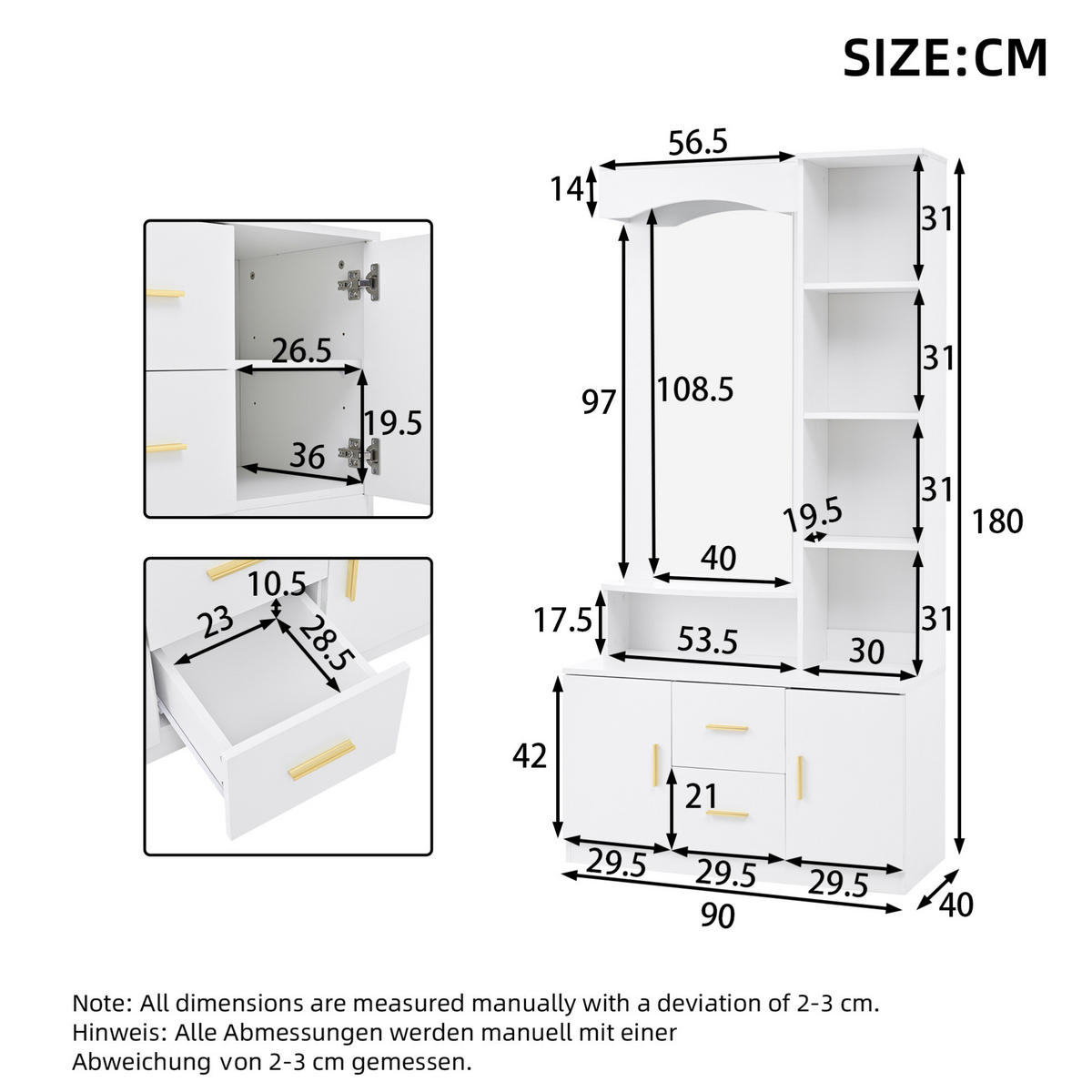 SCHUHSCHRANK aus MDF 90x40x180cm in Weiß mit Spiegel & Soft-Close - Weiß, Holzwerkstoff (90/180/40cm) - Modfu