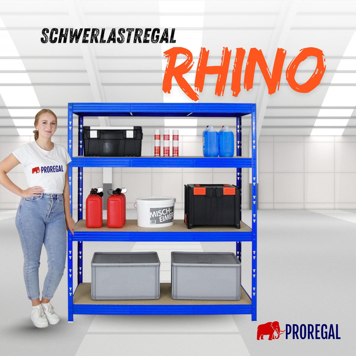SCHWERLASTREGAL Rhino 180x160x60 cm 4 Spanplatten-Ebenen 8mm Fachlast 500 kg Blau - Blau, Metall (160/180/60cm) - PROREGAL