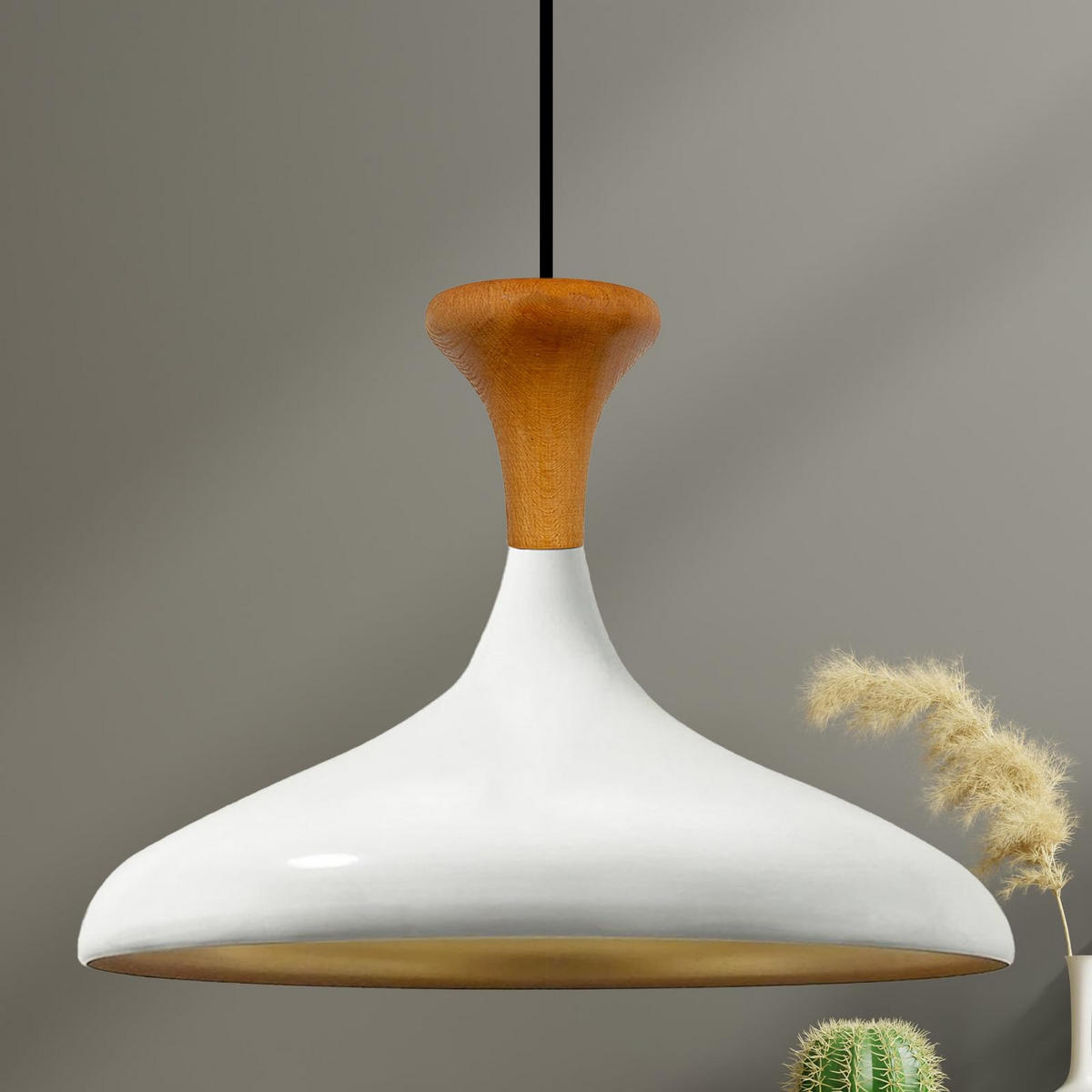PENDELLEUCHTE Champion Pilz-Holz 35/29 cm - Goldfarben/Weiß, Holz/Metall (35/29cm) - Bamyum