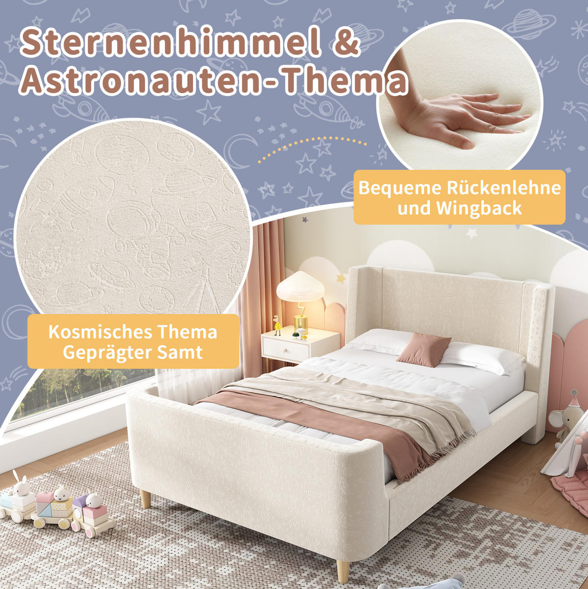 KINDERBETT 90/200 cm aus Samt mit Weltraummuster Beige - Beige, Textil (90/200cm) - Modenvie