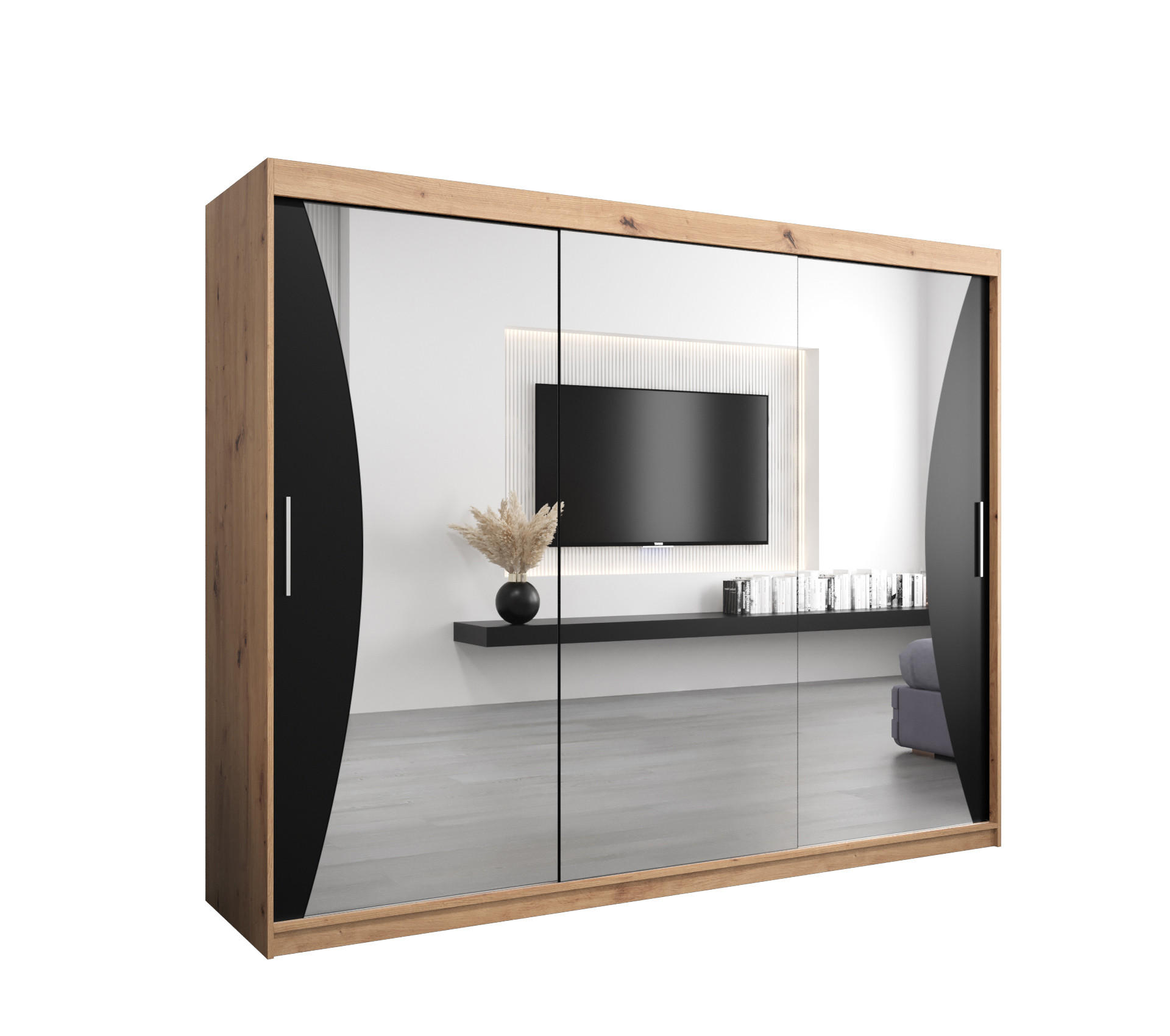 Abiks Möbel Schwebetürenschrank Eiche Artisan, Schwarz 250x200x62 cm