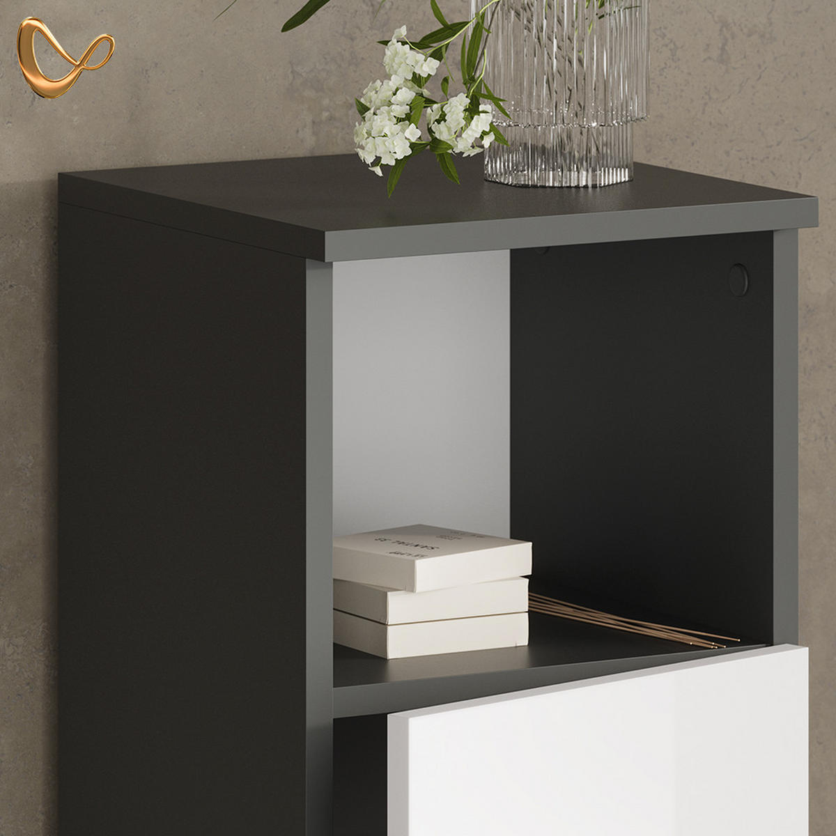 BADMÖBEL-SET Fucino Anthrazit 3 Teile, mit Midischrank - Weiß Hochglanz/Anthrazit, Holzwerkstoff (80/64/21cm) - Livinity®