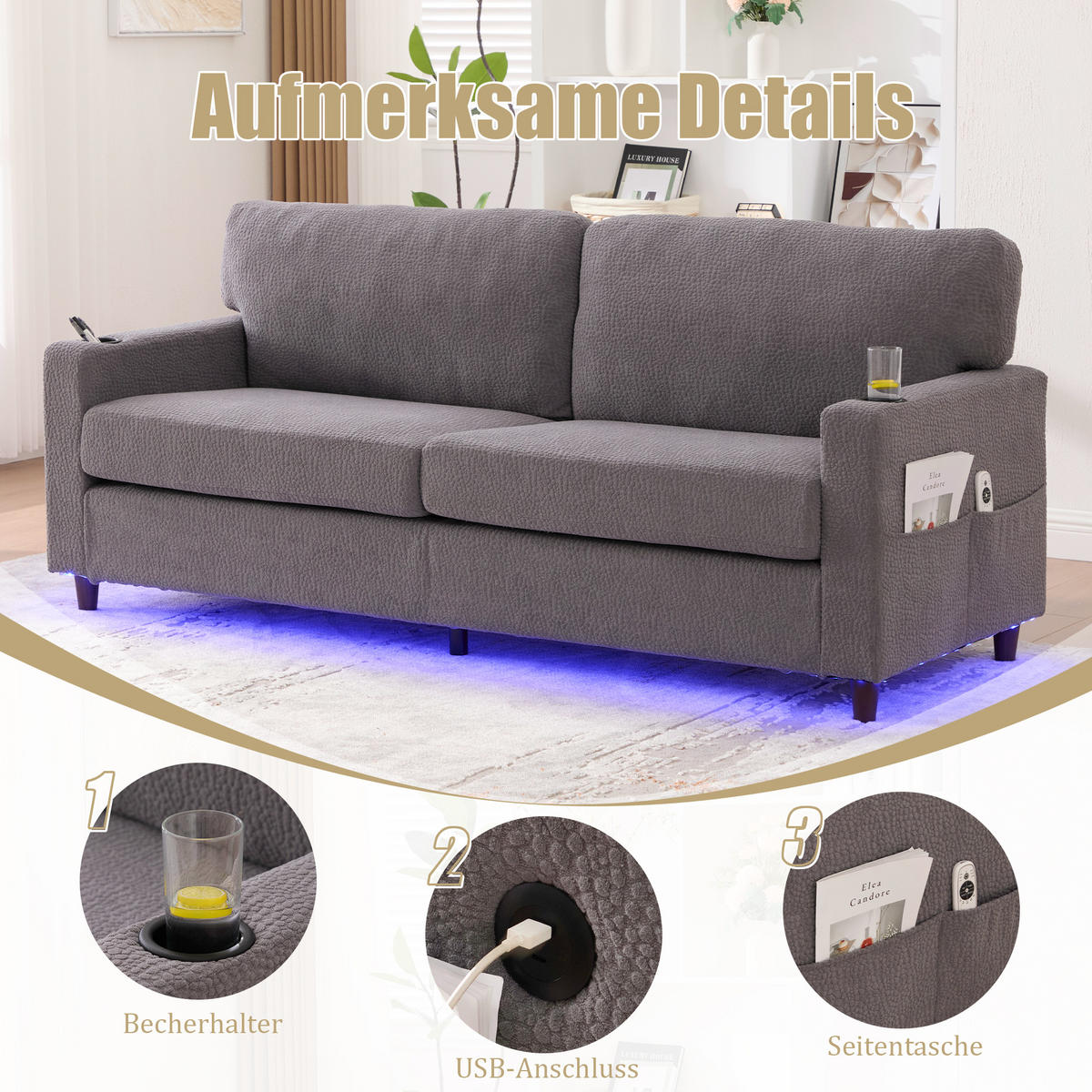 ZWEISITZER Sofa Chenille mit USB-Anschluss LED-Licht und Getränkehaltern 203/77,5/86 cm Hellgrau - Hellgrau, Textil (77.5/86/203cm) - Redom