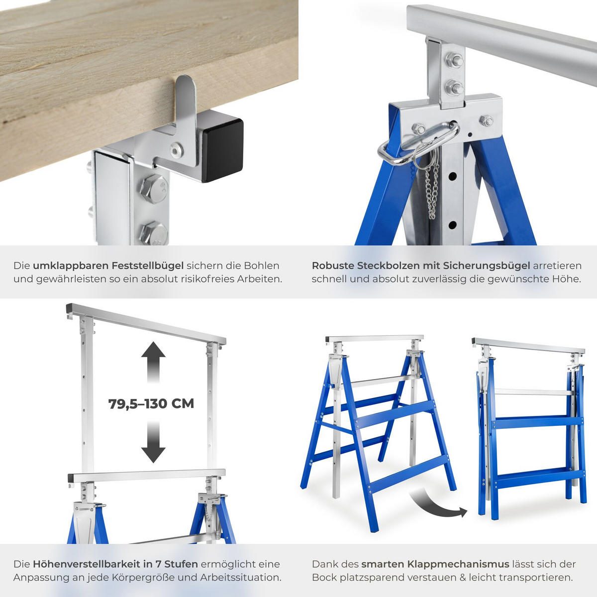 GERÜSTBOCK 2er Set, mit Sicherheitsspinden, blau - Blau, Metall (68.5/56.5/79.5cm) - tectake