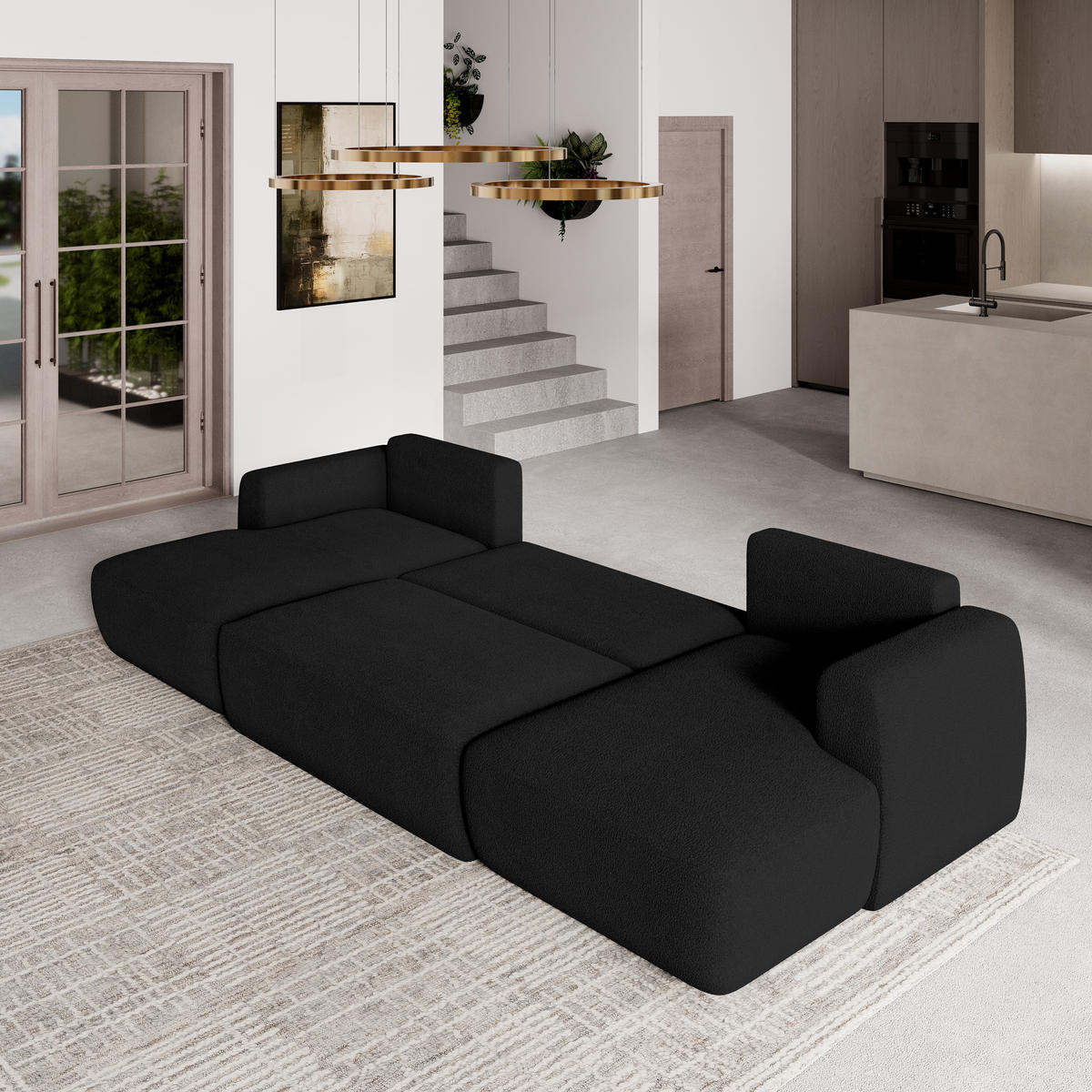 WOHNLANDSCHAFT SENTUM N Schwarz Boucle-Stoff mit Schlaffunktion - Schwarz, Holz (330/90/148cm) - MASSENO