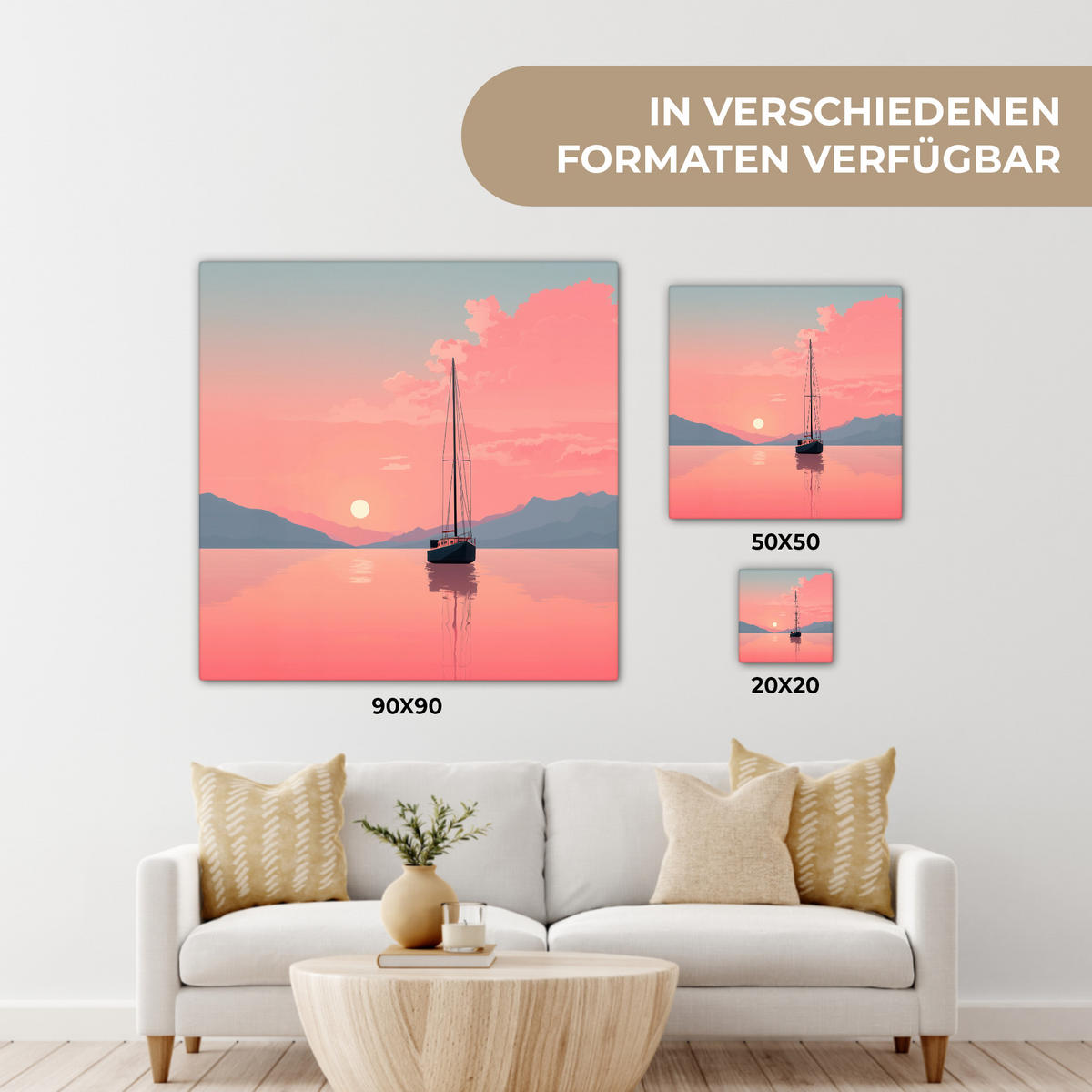 LEINWANDBILD Segelboot - Rosa Meer - Sonnenuntergang - Berge Wandbild Wohnzimmer 50x50 cm - Rosa, Textil (50/50cm) - MuchoWow