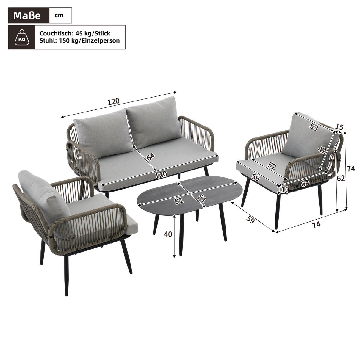 GARTENMÖBEL-SET 4-teilig mit 2-Sitzer-Sofa, 2 Sesseln, Couchtisch und Kissen, verzinkter Stahl, Grau - Grau, Textil - Redom