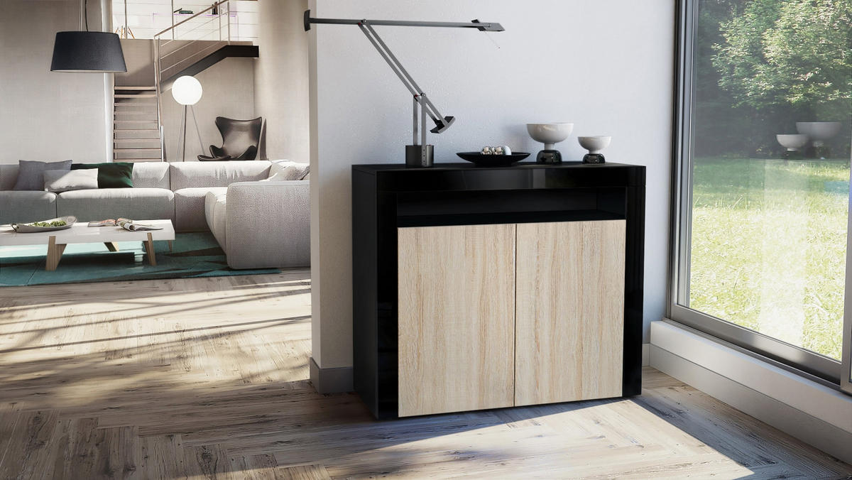 KOMMODE Valencia Eiche sägerau / Schwarz Hochglanz - Eiche San Remo, Holzwerkstoff (108/92/40cm) - Vladon