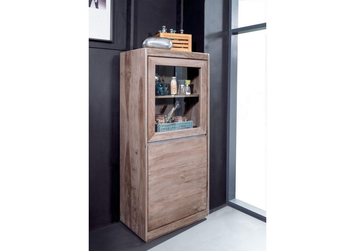 VITRINE Sheesham 63x40x147 smoked oak lackiert SYDNEY #205 - Grau, Holz (63/147/40cm) - Massivmoebel24