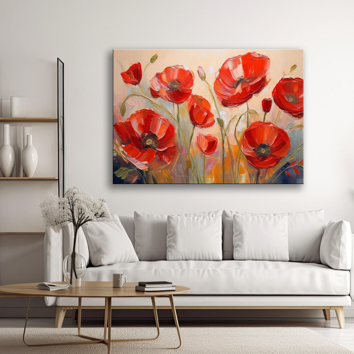 WANDBILD bemalte mohnblumen mit roten blumen - Rot, Textil (60/40cm) - Feeby