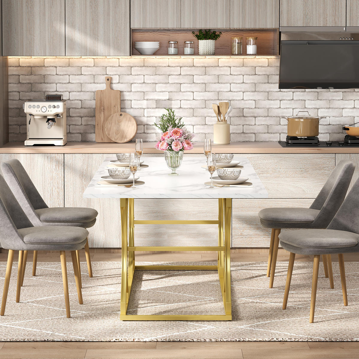 ESSTISCH Weiß + Gold mit Metallbeinen und verstellbaren Fußgleitern 200/80/76 cm - Weiß, Holz (80/200/76cm) - Oxeza