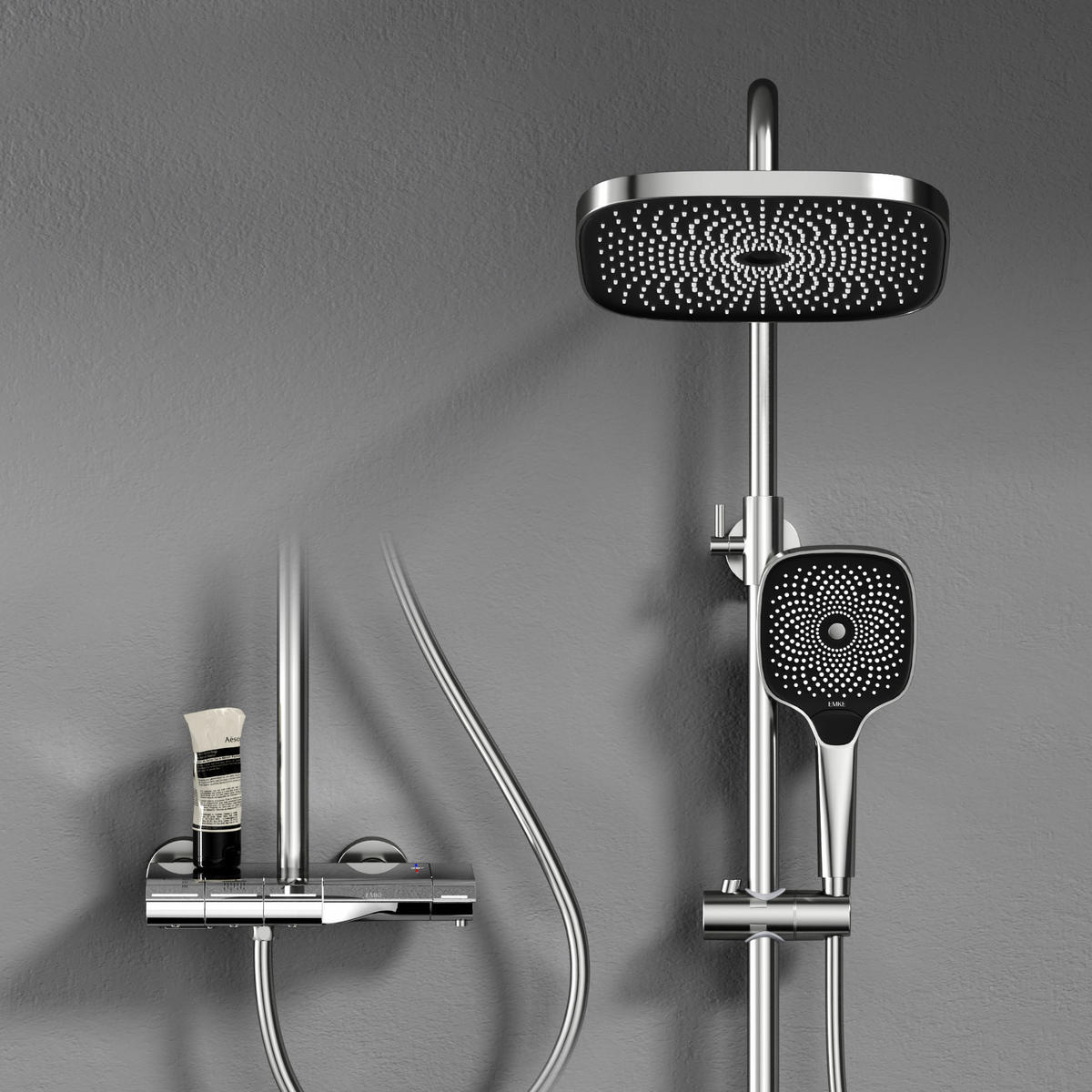 ÜBERKOPFBRAUSESET mit Thermostat Aufputz Drei Wasserauslassmethoden Chrom - Chromfarben, Metall (25/119/49cm) - EMKE