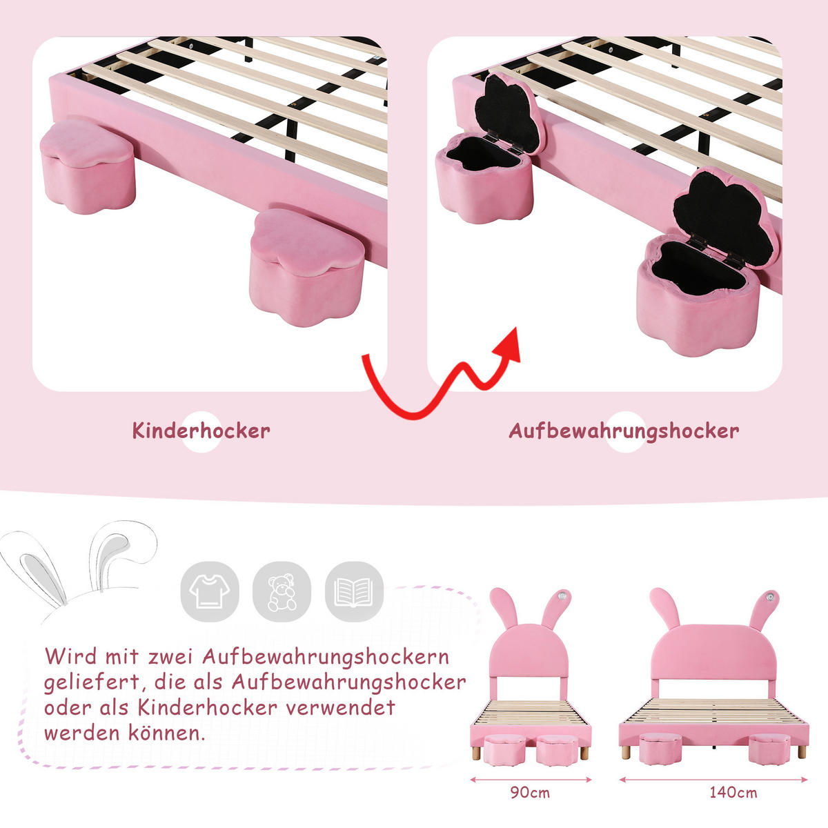 POLSTERBETT 90/200 cm Pink mit Stauraumbänken mit LED-Beleuchtung - Rosa, Textil (90/200cm) - OKWISH