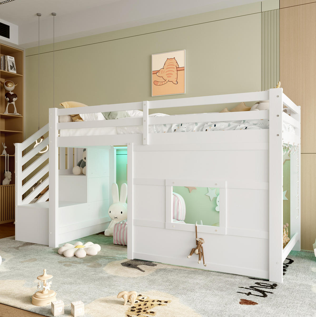 HOCHBETT 90/200 cm mit Stauraumtreppe, Fenster und LED-Beleuchtung aus Kiefer/MDF, Weiß - Weiß, Holzwerkstoff (90/200cm) - Redom
