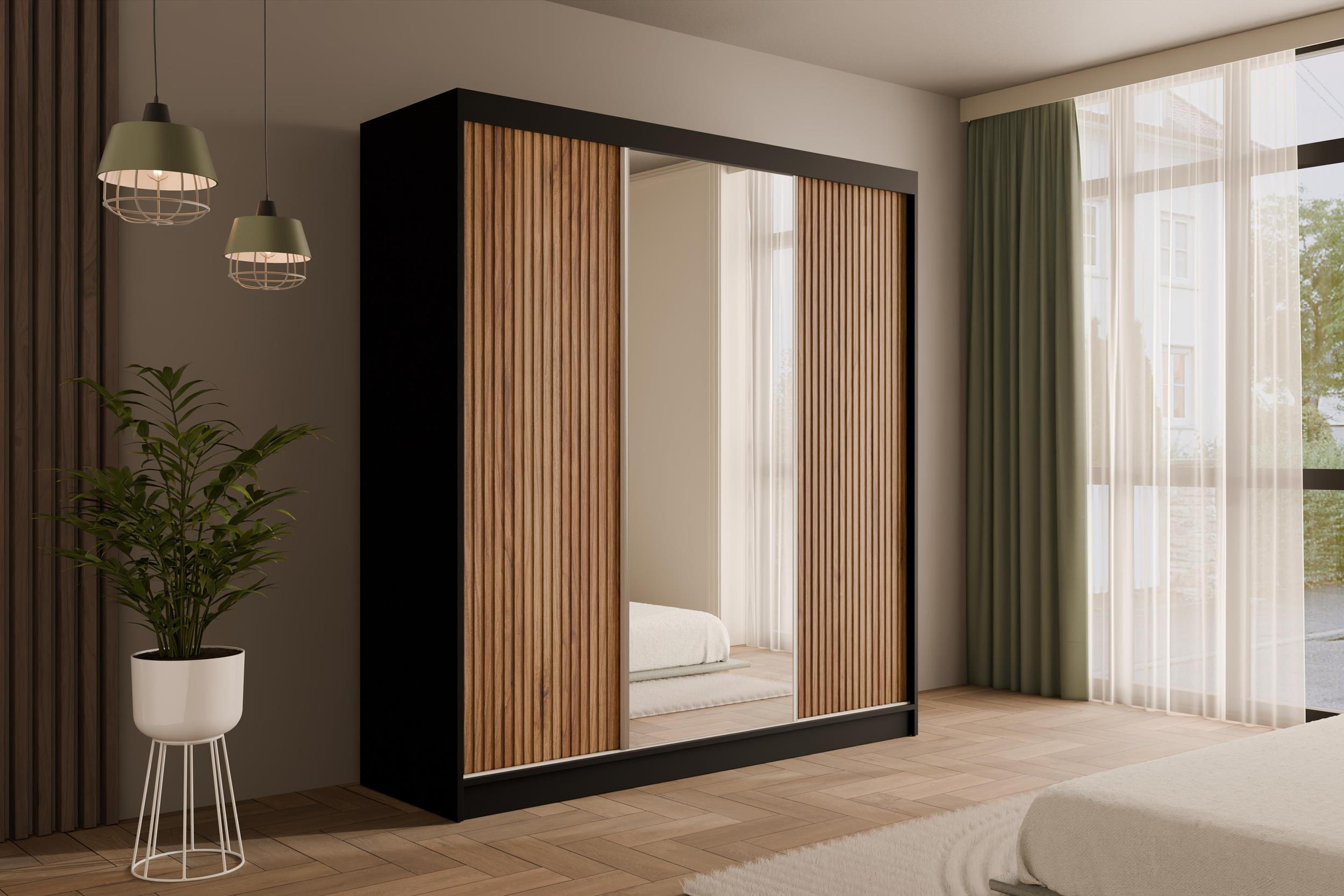 KLEIDERSCHRANK mit Spiegel V2-PRESTIG 215x200 cm - Schwarz|Braun - Schwarz/Braun, Holzwerkstoff (200/215/61cm) - ALTDECOR