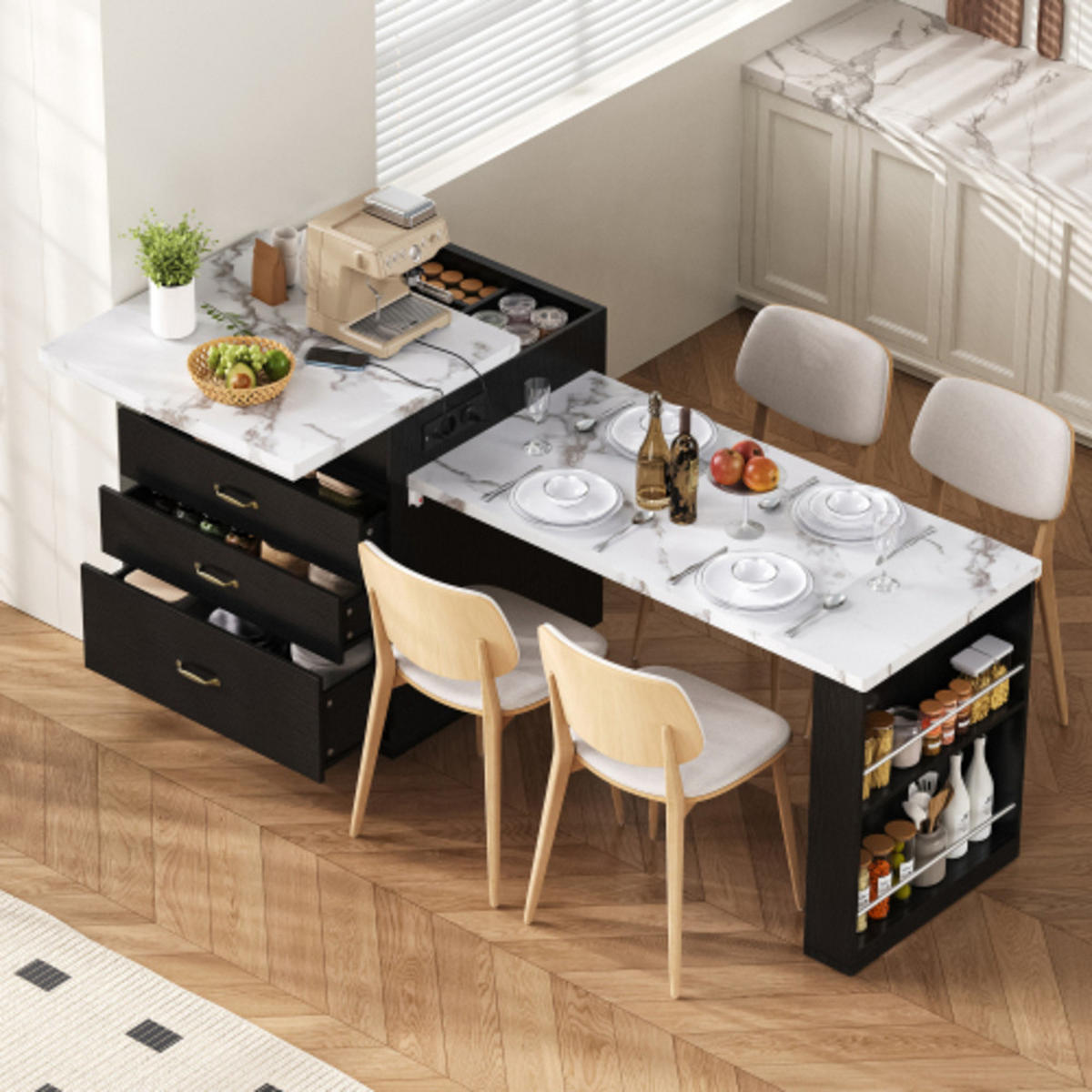 KÜCHENINSEL mit LED und Ladestation schwarz 125,5-187,5×71×93 cm aus MDF - Schwarz, Holzwerkstoff (187.5/93/71cm) - Luhomfu