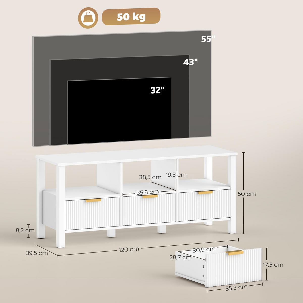 TV-MÖBEL Weiß 1 Stück - Weiß, Holzwerkstoff (120/50/39.5cm) - GiPP