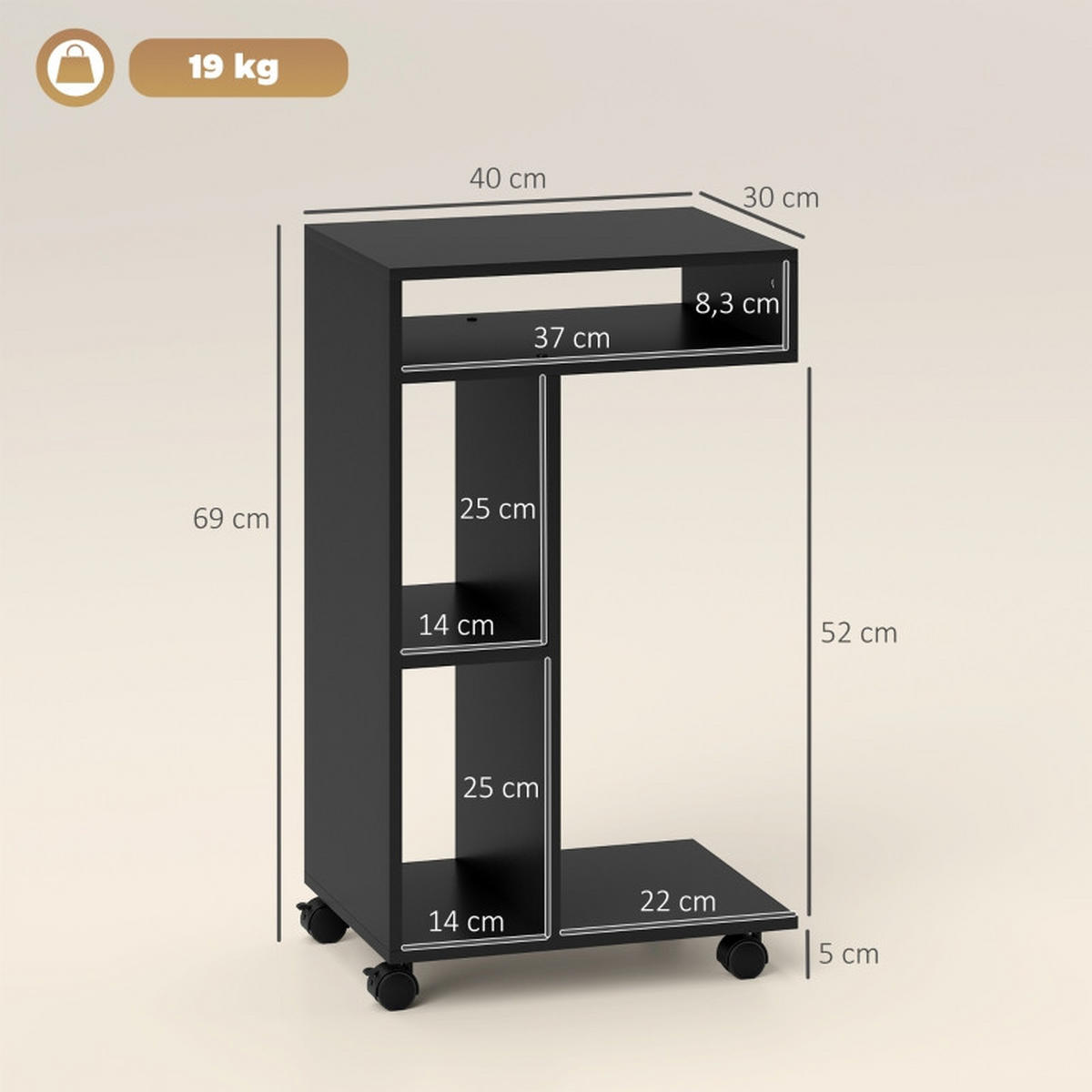 BEISTELLTISCH 30/40/69 cm schwarz aus Holz mit Rollen - Schwarz, Holz (30/40/69cm) - OKWISH
