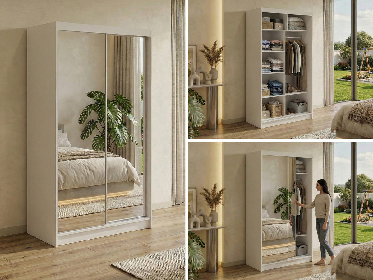 SCHWEBETÜRENSCHRANK 120 - DUBROWNIK - Weiß mit Spiegel - Alufarben/Weiß, Holzwerkstoff/Metall (120/216/61cm) - MKS