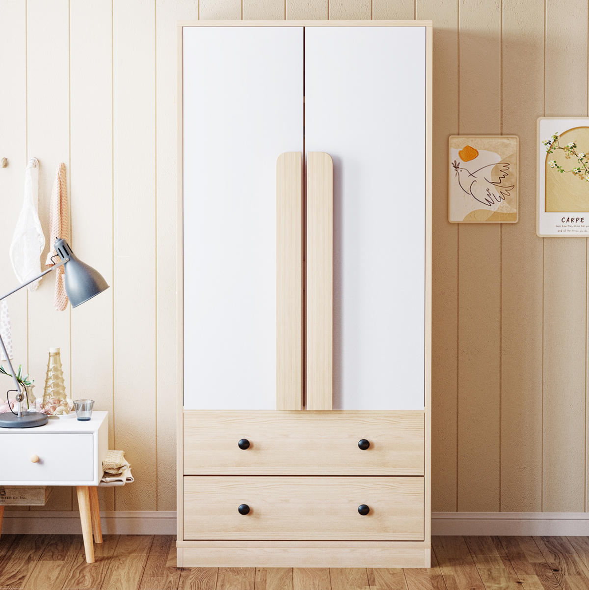 KLEIDERSCHRANK aus Holz 70x40x170 cm Natur/Weiß mit Doppeltüren und 2 Schubladen - Naturfarben, Holzwerkstoff (70/170/40cm) - Modfu