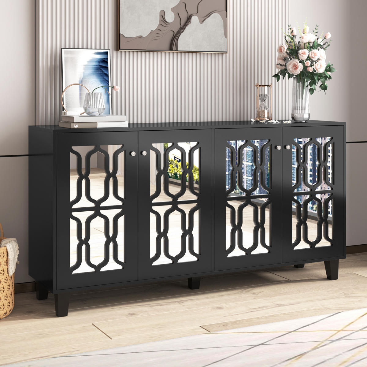 SIDEBOARD Anrichte mit 4 Türen und verstellbaren Einlegeböden mit Spiegeloberfläche Schwarz - Schwarz, Glas/Holzwerkstoff (160/84/40cm) - EVRYAE