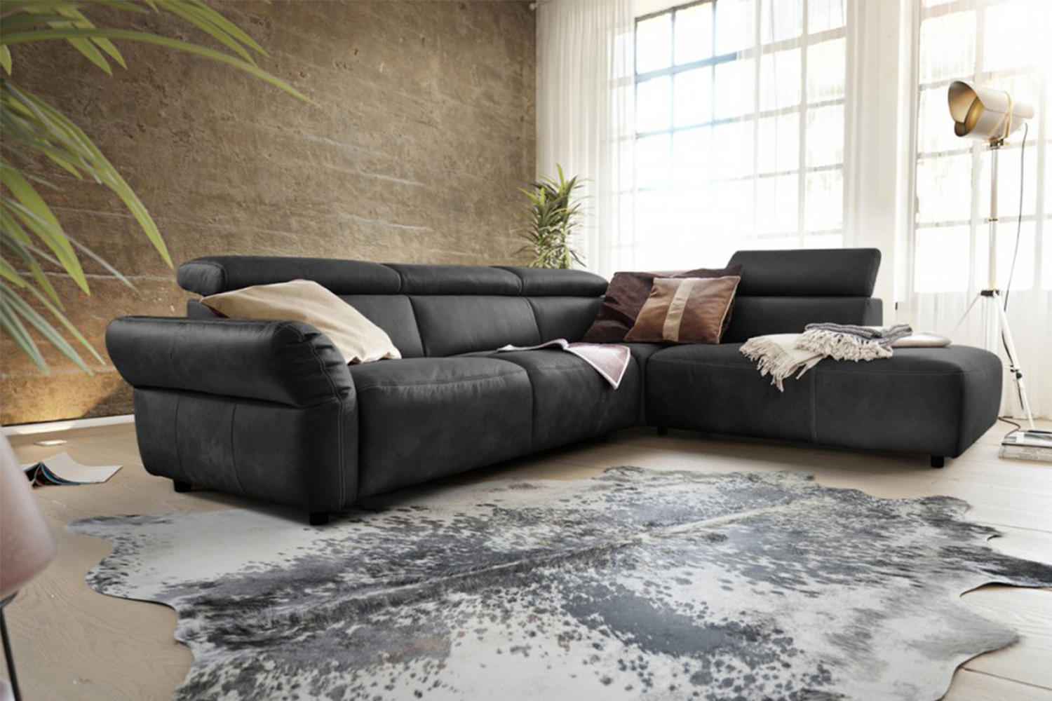 Thumbnail - Kawola Ecksofa, Schwarz, Leder, 4-Sitzer, Füllung: Schaumstoff, L-Form, 263x240 cm, Wohnzimmer, Sofas & Couches, Wohnlan...