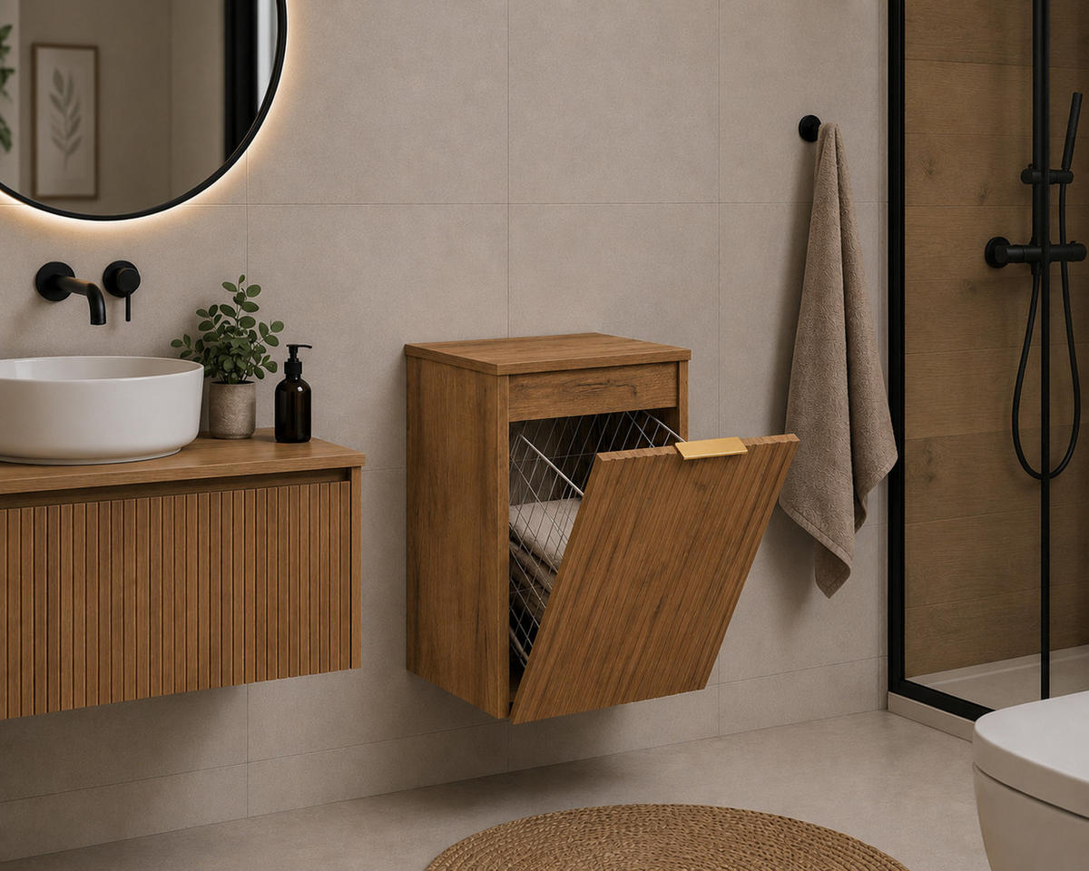 BADEZIMMERSCHRANK MIT WÄSCHEKORB: Craft-Eiche / Platte Craft-Eiche, Griff Gold, 40 x 46 x 58,6 cm - Eichefarben, Holzwerkstoff (40/58.6/46cm) - 3XE LIVING