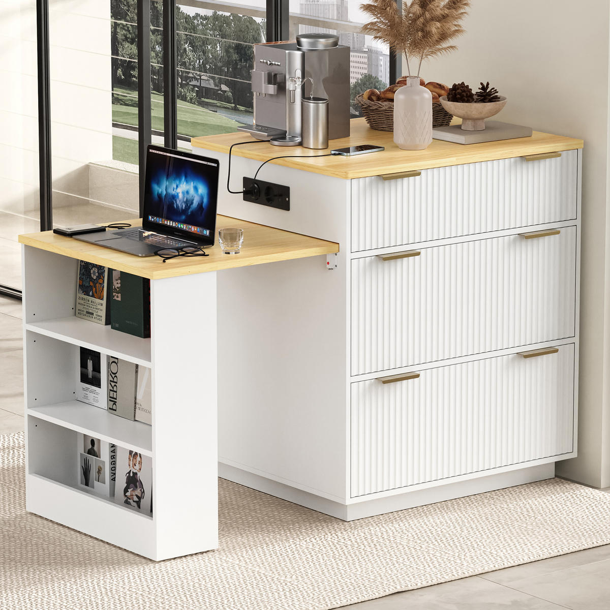 KÜCHENINSEL ausziehbar 127,5-205/67/92 cm mit LED DE-39579 Weiß - Weiß, Holzwerkstoff (67/92/127.5cm) - ComfortXL