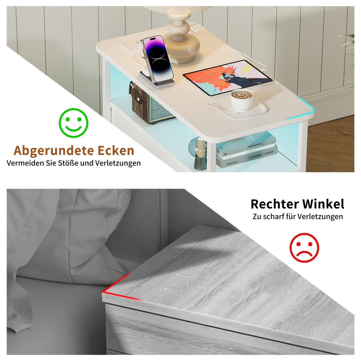 NACHTTISCH LED USB 2 Schubladen 2 Fächer weiß - Weiß, Holz (58/28/60.5cm) - LEBENLANG