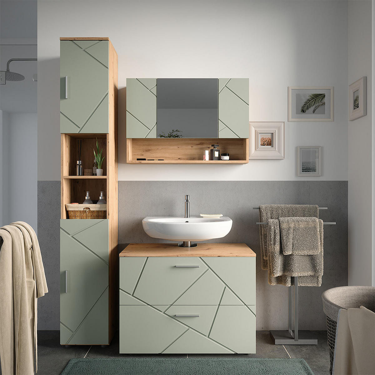 BADMÖBEL-SET Irma Salbeigrün 3 Teile - Salbeigrün, Holzwerkstoff (80/58.6/41cm) - Vicco