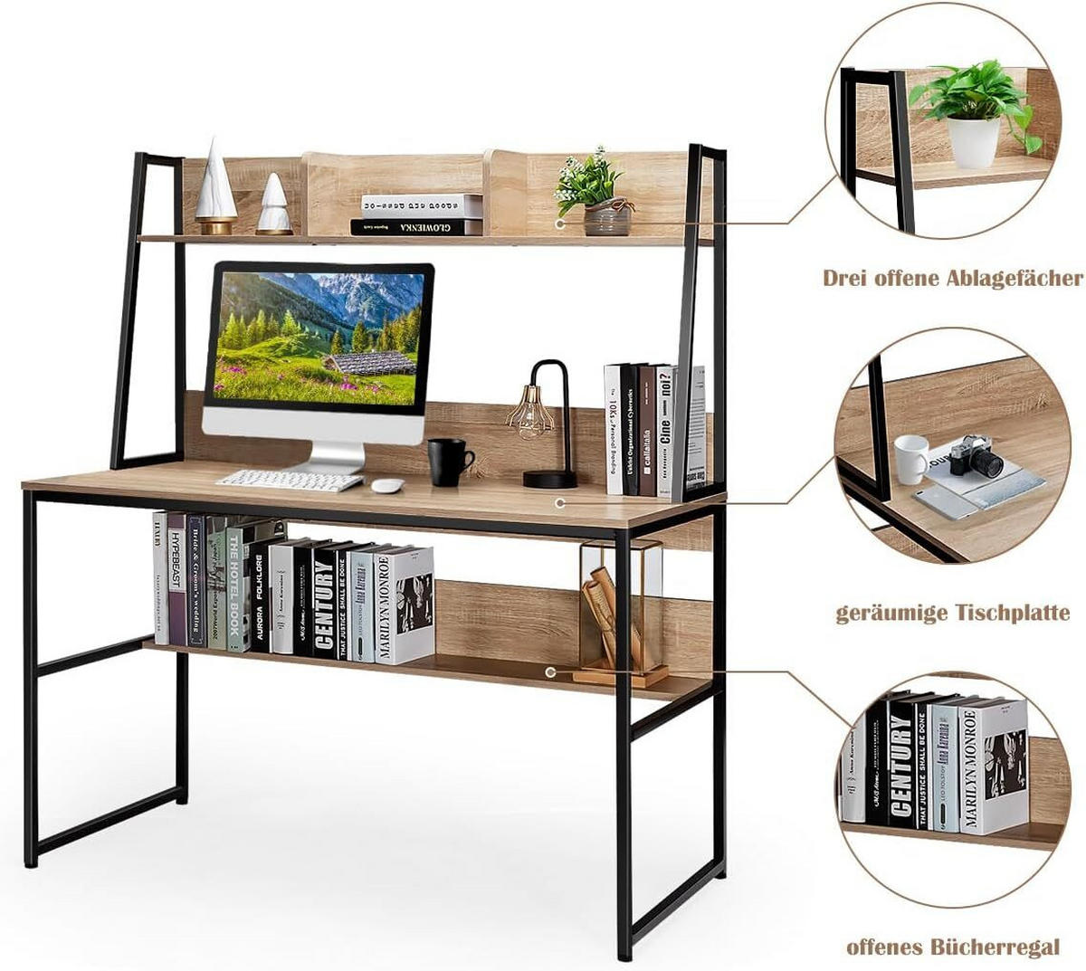 SKRIVBORD 140 cm naturlig - Naturfärgad, Trä (57/120/140cm) - COSTWAY