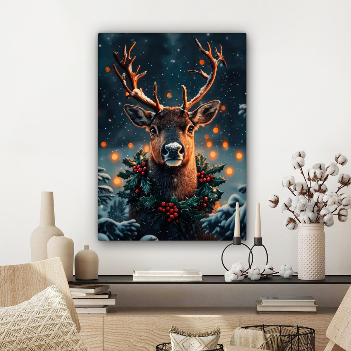 LEINWANDBILD Hirsch - Weihnachten - Winter - Schnee - Weihnachtskranz 60x80 cm - Dunkelbraun, Textil (60/80cm) - MuchoWow