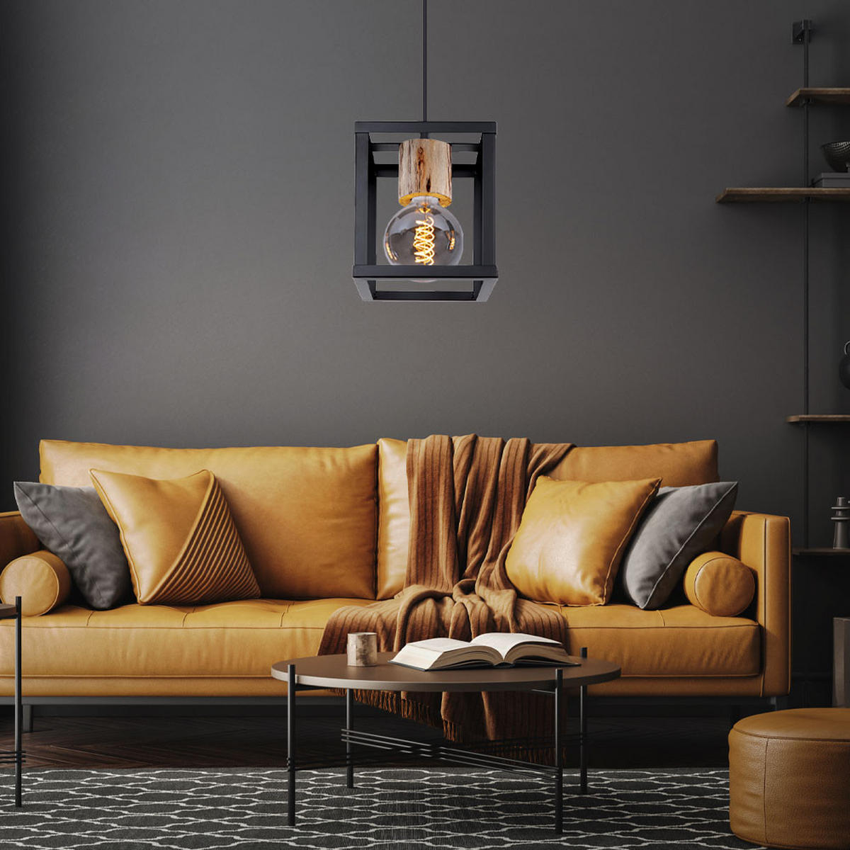 HÄNGELEUCHTE Metall Schwarz Industrial - Schwarz, Holz (17/17/120cm)