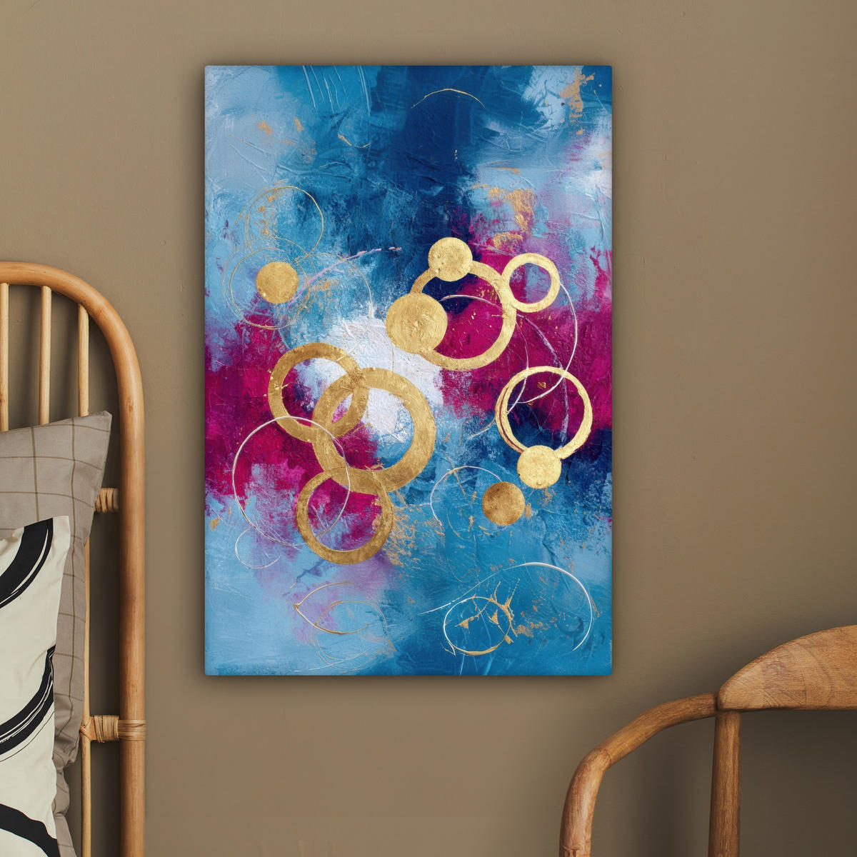 LEINWANDBILD Kreise - Gold - Abstrakt Wanddeko Schlafzimmer 60x90 cm - Blau, Textil (60/90cm) - MuchoWow