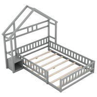 HAUSBETT 140/200 cm DE-04480, mit Geländer und Nachttisch in Grau - Grau, Holz/Holzwerkstoff (140/200cm) - ComfortXL
