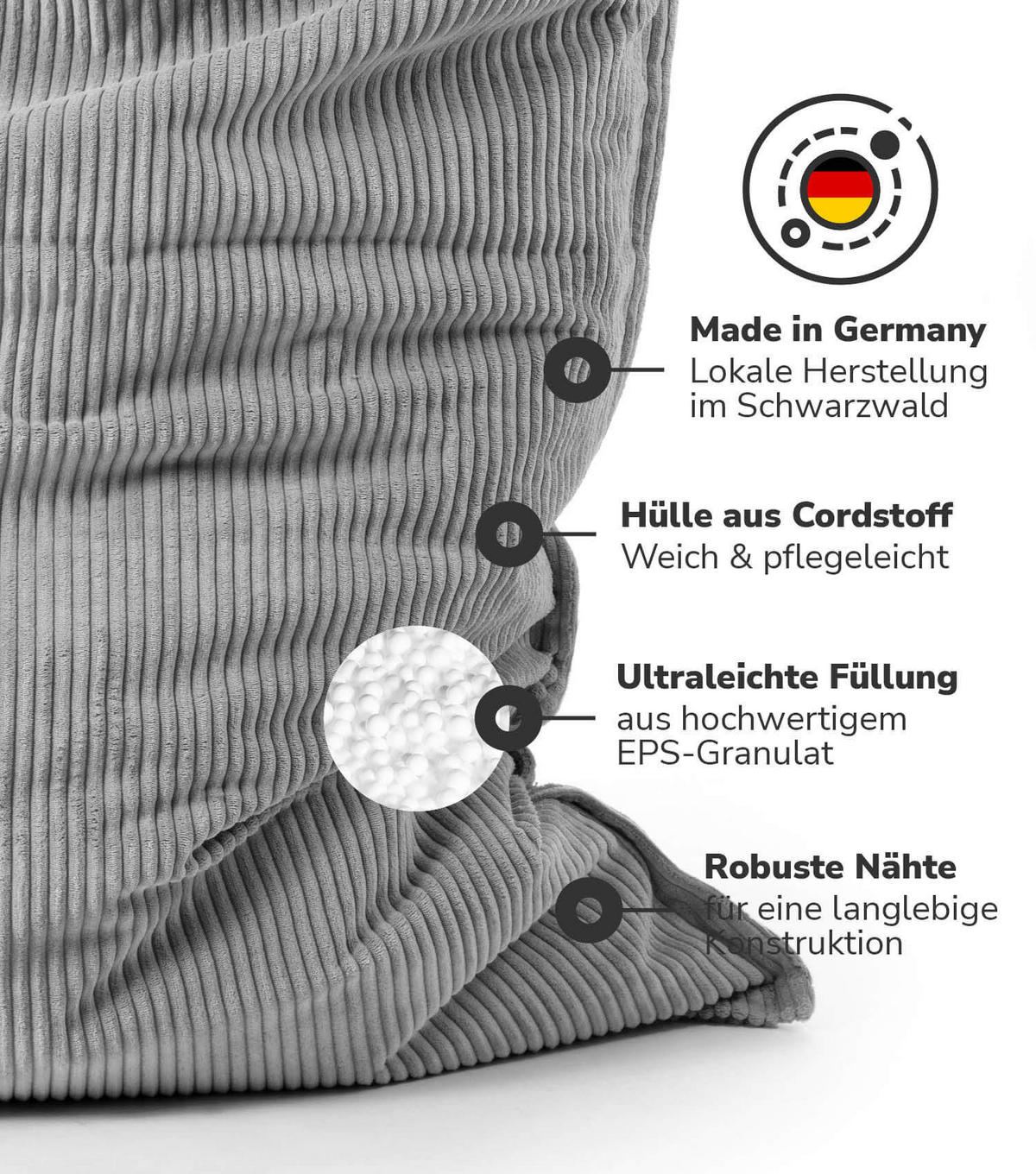SITZSACK mit Cord Cover Der Große - Grau, Textil (130/20/170cm) - Mokebo