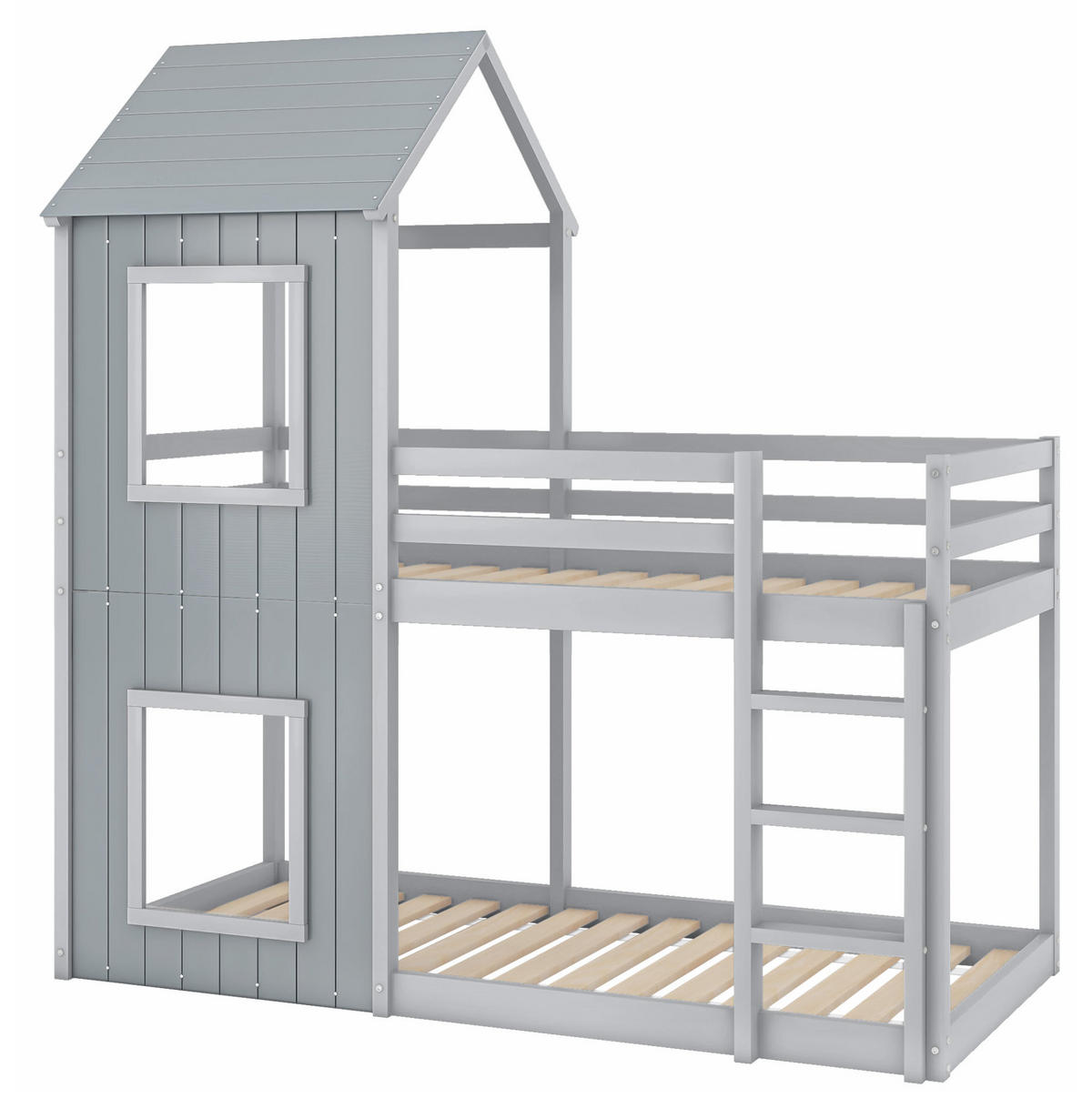 ETAGENBETT 90/200 cm mit Leiter, Baldachin und Sicherheitsgeländer aus Massivholz, Grau - Grau, Holzwerkstoff (90/200cm) - Redom