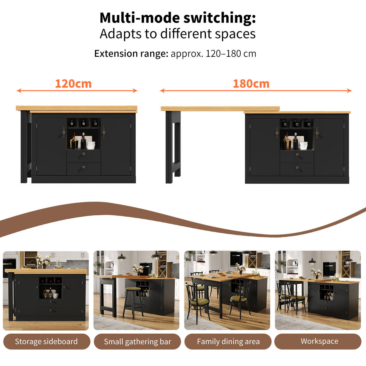 BARTISCH 360° Drehbar 120-180cm Ausziehbar Stauraum Schwarz - Schwarz, Holzwerkstoff (40/120/71.5cm) - FLIEKS