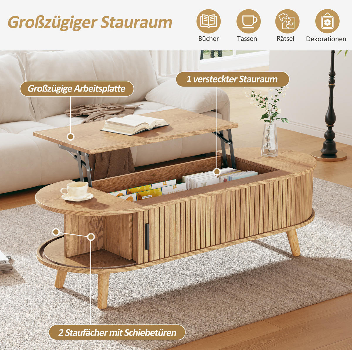 COUCHTISCH 120/50/39,5 cm höhenverstellbar mit verstecktem Stauraum und Rolltüren aus MDF, Natur - Naturfarben, Holzwerkstoff (120/50/39.5cm) - Modfu
