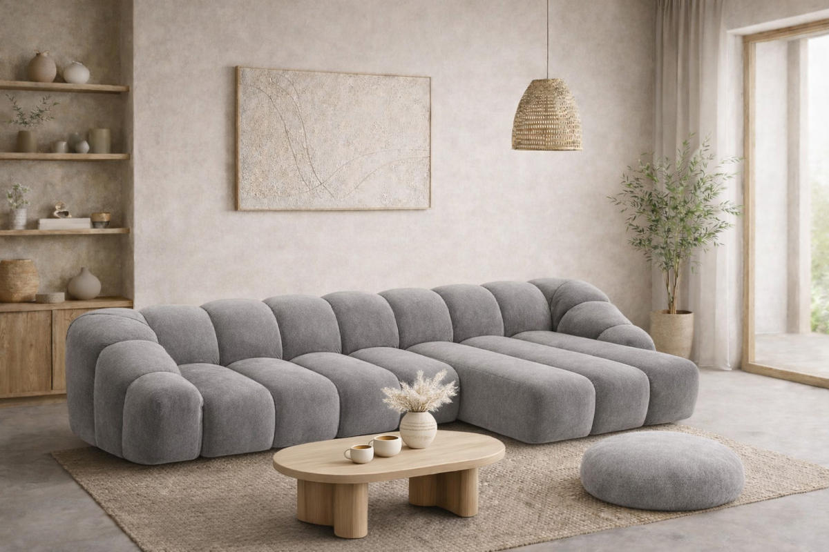 ECKSOFA Modulare L-Form, Veloursstoff Bluvel, Grau, Rechts, CROISSANT XL - Grau, Holz (340/190cm) - Kaiser Möbel
