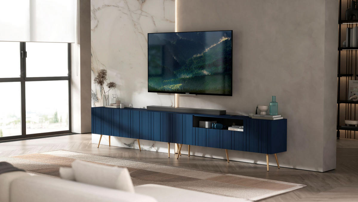 TV-LOWBOARD 2er-Set Elpis2 Marineblau mit goldenen Metallbeinen150 cm - Blau/Goldfarben, Holzwerkstoff (300/60.5/36.5cm) - Meble Lindner